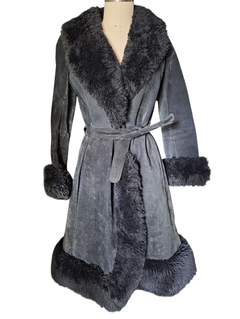 Vintage 1970's Penny Lane Fur Coat Black Suede Shearling Small 4 6